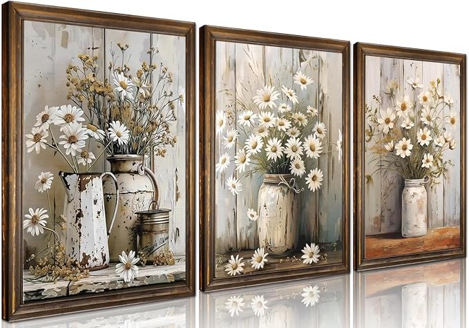 Daisy Bathroom Canvas Wall Art Set of 3, Vintage Rustic Farmhouse Wall Decor by Unknown