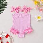 Happy Town Toddler Swimsuit Girl Solid Color Stripe One-Piece Baby Bathing Suits - Image 2
