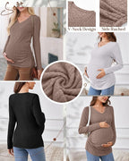 Ficerd 3 Pack Women's Maternity Shirts Ribbed Long Sleeve Pregnancy Tops V Neck - Image 4