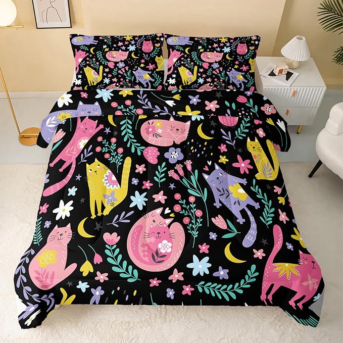 QOOMO Floral Cat Comforter Twin Size, Down Alternative, Soft and Lightweight - Image 2