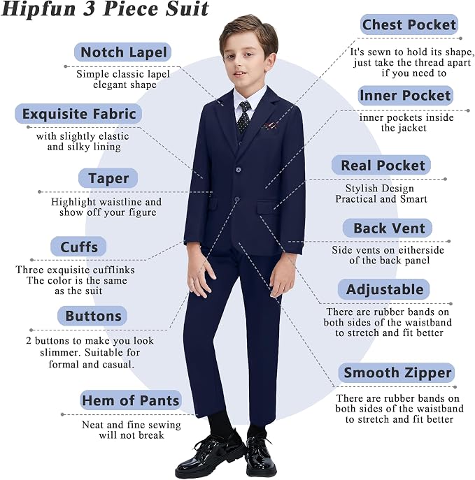 Boys' 3 Piece Suit Set with Suit Jacket, Formal Tuxedos Slim Fit Ring Bearer - Image 3
