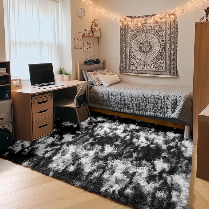 ONASAR Black and White Rugs for Bedroom Living Room, Washable Fluffy 4x6 Indoor by ONASAR