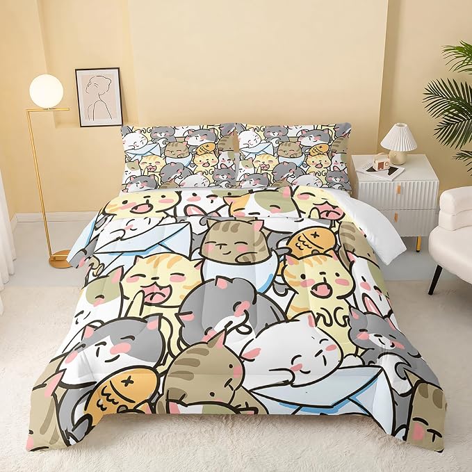 QOOMO Kawaii Cat Comforter Twin Size, Cute Cat Comforter Set by QOOMOHOME