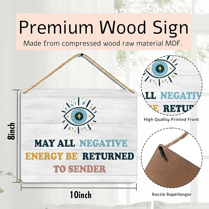Evil Eye Decor Wooden Hanging Plaque, May All Negative Energy Be Returned to - Image 2