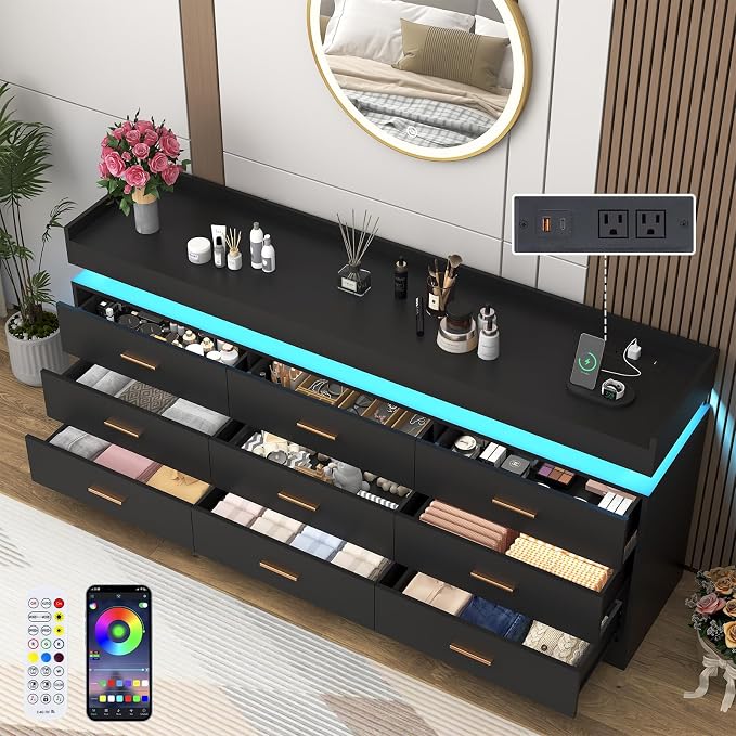 9 Drawer Dresser with LED Light and Charging Station, Wide Drawer Organizer - Image 4