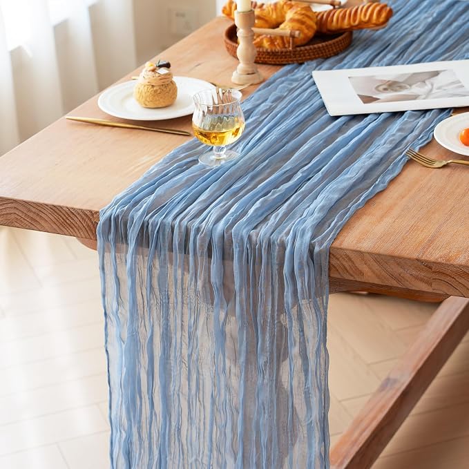 FEXIA 6 Pack Dusty Blue Table Runner 35x120 Inches Gauze Table Runner - Image 2