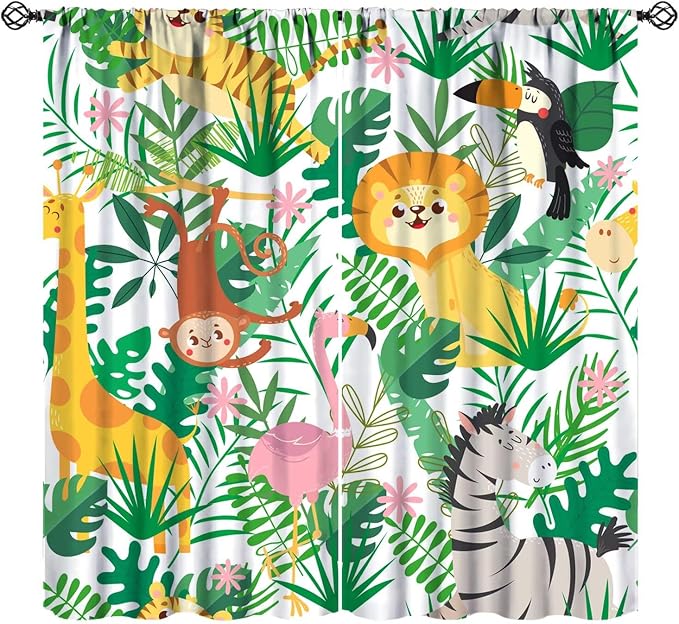 Jungle Animals Curtains Cartoon Cute Lion Giraffe Monkey Zebra Woodland Art by JADERYS