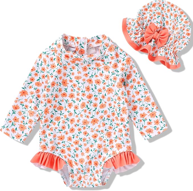 Infant Baby Girl Swimsuit One-Piece Long Sleeve Rash Guard by YOUNGERTREE