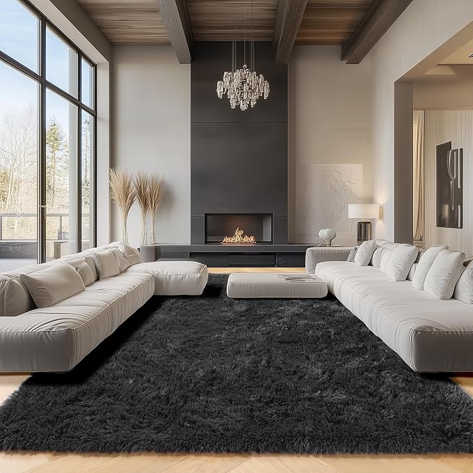 ONASAR Black Area Rugs 9x12 Living Room, Large Fluffy Shag Bedroom Rug by ONASAR