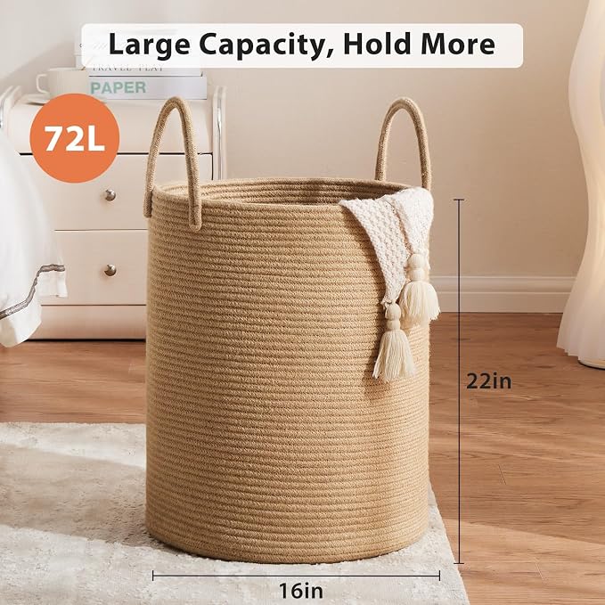 Fiona's magic 72L Large Woven Laundry Hamper, Tall Cotton Rope Storage Basket - Image 6