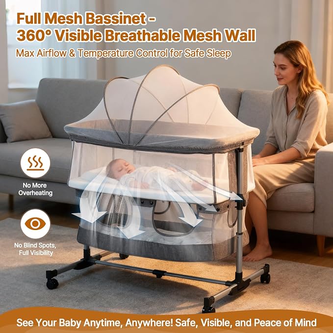 Bassinet Bedside Sleeper, 3-in-1 Baby Bedside Bassinet, 5 Height Adjustable - Image 6