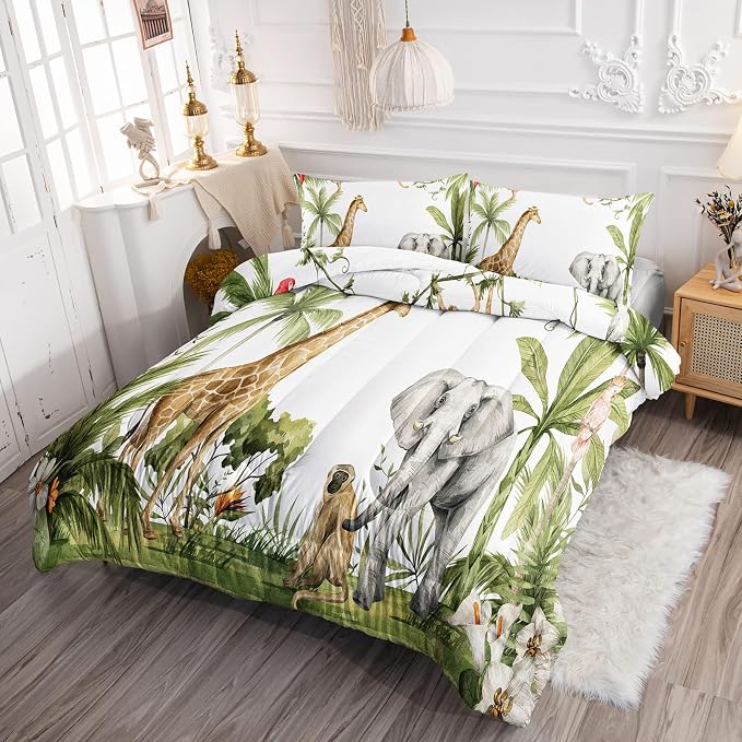 QOOMO Elephant Giraffe Monkeys Comforter Queen Size, Wild Animals Kids Bedding - Image 2