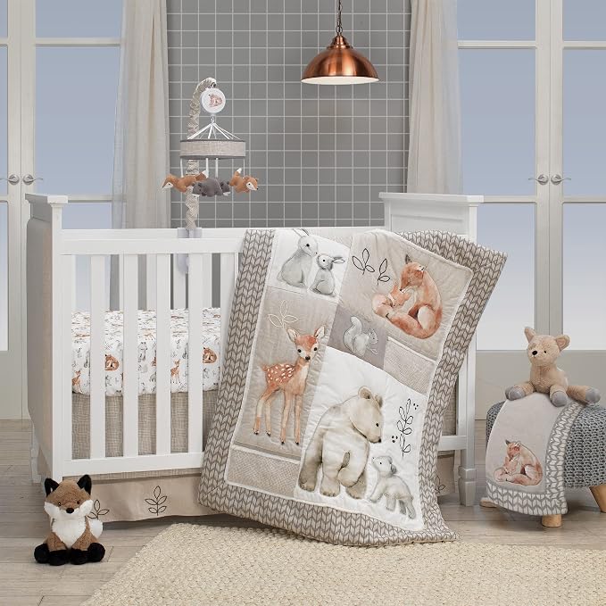 Lambs & Ivy Painted Forest Gray/Beige Fox and Bear Baby Crib Musical Mobile - Image 4
