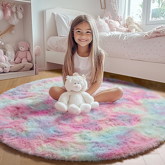 ONASAR Rainbow Round Area Rug 4ft, Soft Bedroom Circle Rugs Mats by ONASAR