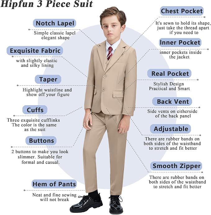 Boys' 3 Piece Suit Set with Suit Jacket, Formal Tuxedos Slim Fit Ring Bearer - Image 3