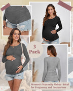 Ficerd 3 Pack Women's Maternity Shirts, Long Sleeve Side Ruched Pregnancy Tee - Image 3