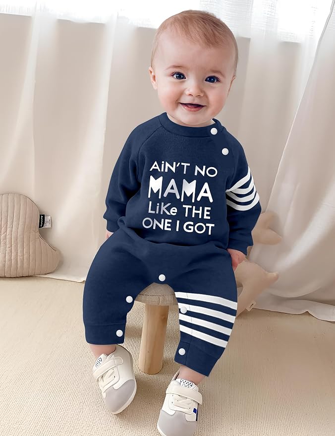 Baby Boy Clothes Infant Mamas Print Romper Stripe Sleeve Outfits Fall Winter - Image 4
