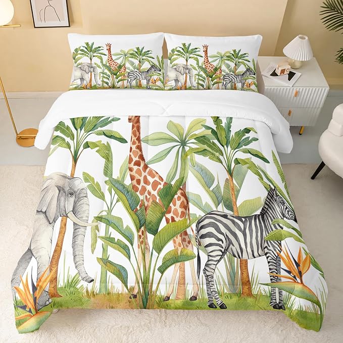 QOOMO Wild Animal Comforter King Size, Elephant Giraffe Zebra Kids Comforter Set - Image 3