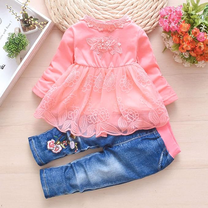 Peacolate 6M-4Years Spring Fall Baby Girls Clothing Set 3pcs Long Sleeve Dress - Image 2