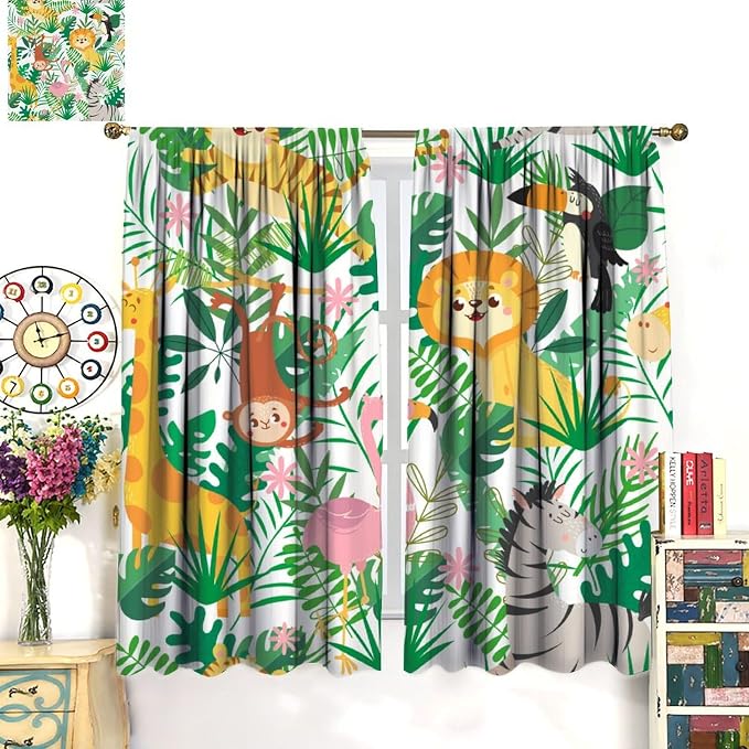Jungle Animals Curtains Cartoon Cute Lion Giraffe Monkey Zebra Woodland Art - Image 2
