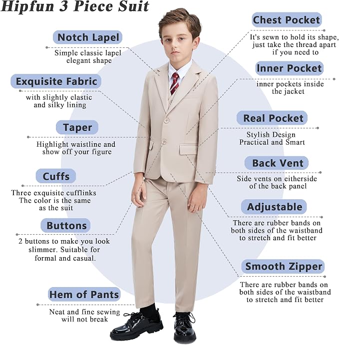 Boys' 3 Piece Suit Set with Suit Jacket, Formal Tuxedos Slim Fit Ring Bearer - Image 3