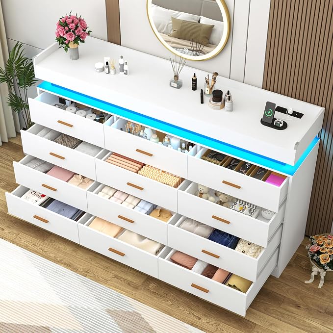 12 Drawer Dresser with LED Light and Charging Station, Wide Drawer Organizer - Image 4