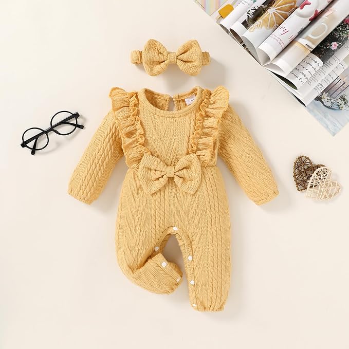 Happy Town Baby Girl Romper Infant Fall Winter Clothes Ruffle Sweater Long - Image 2