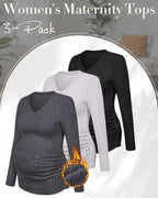 Ficerd 3 Pack Women's Maternity Shirts Ribbed Long Sleeve Pregnancy Tops V Neck - Image 3