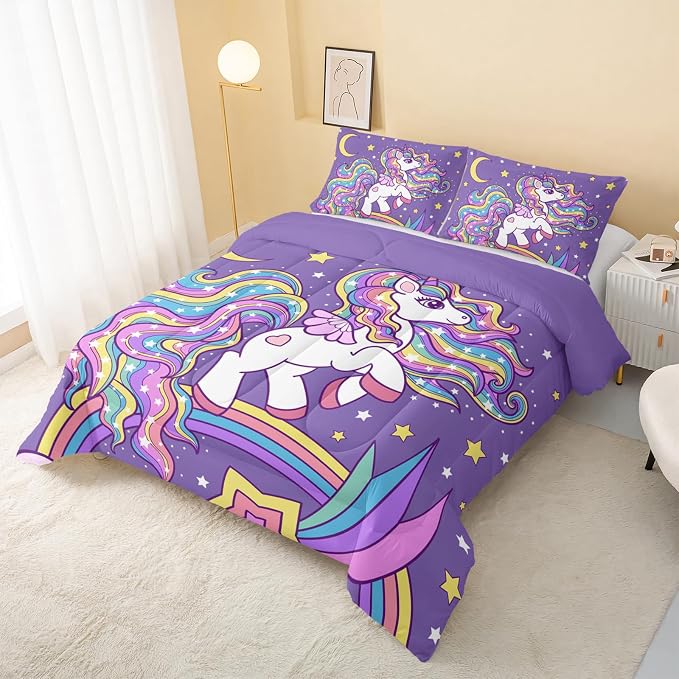 QOOMO Unicorn Comforter King Size, Rainbow Unicorn Comforter Set - Image 3