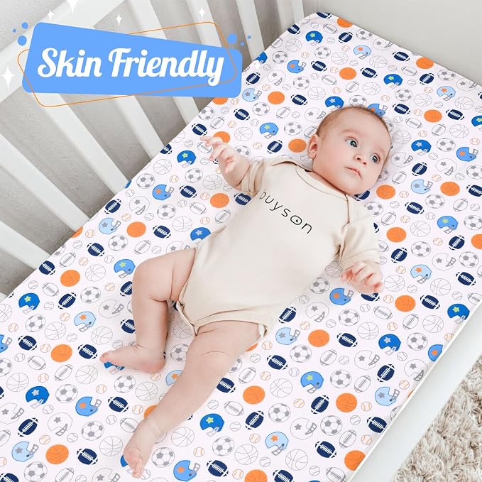 Crib Sheet - 1 Pack Sports Theme Nursery Bedding Sheet - Footballs Printed - Image 2