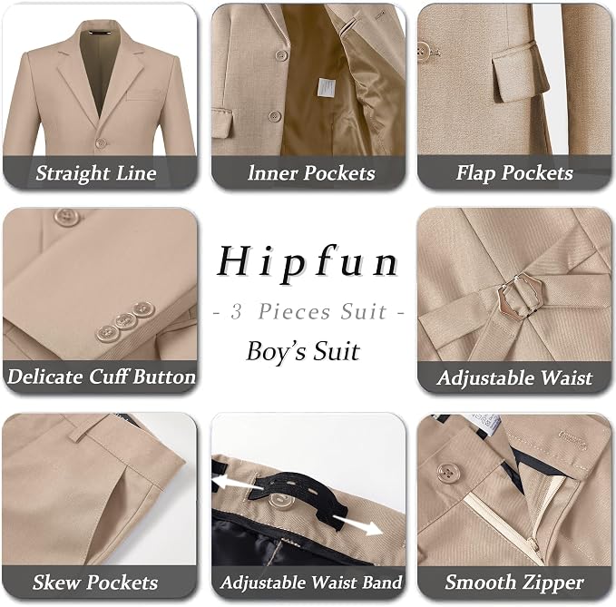 Boys' 3 Piece Suit Set with Suit Jacket, Formal Tuxedos Slim Fit Ring Bearer - Image 5