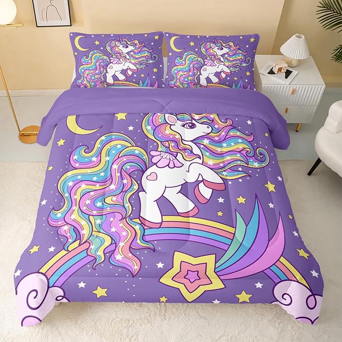 QOOMO Unicorn Comforter Queen Size, Rainbow Unicorn Comforter Set - Image 2