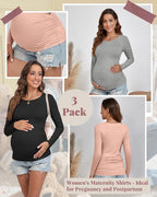 Ficerd 3 Pack Women's Maternity Shirts, Long Sleeve Side Ruched Pregnancy Tee - Image 3