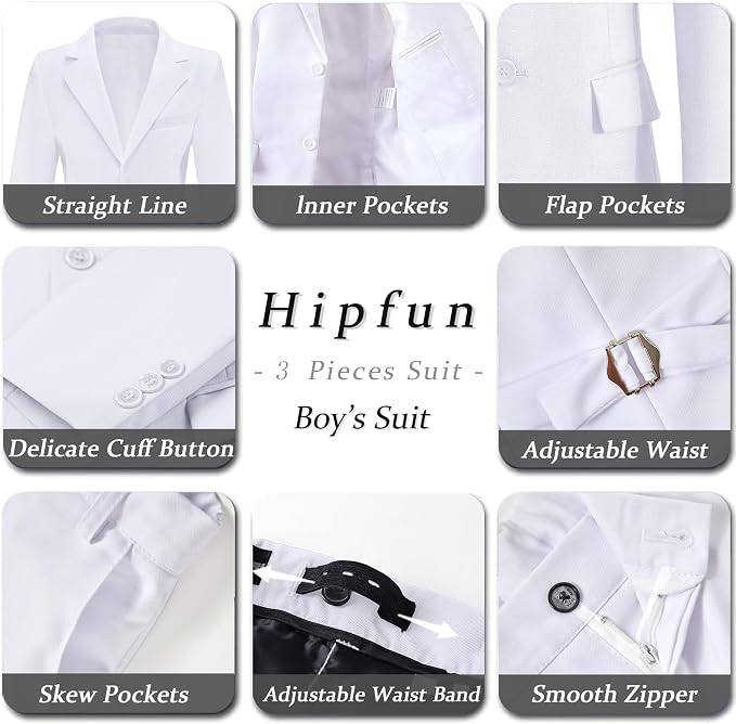 Boys' 3 Piece Suit Set with Suit Jacket, Formal Tuxedos Slim Fit Ring Bearer - Image 5