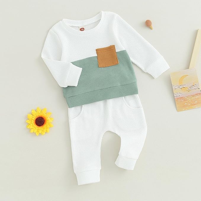 Toddler Baby Boy Fall Clothes Waffle Outfit Long Sleeve Color Blocking - Image 6