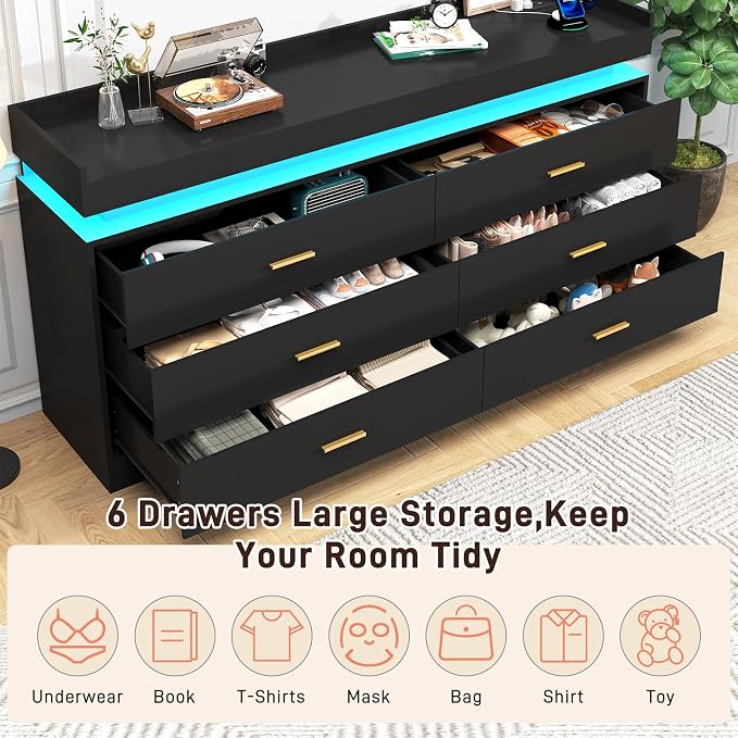 6 Drawer Dresser with LED Light and Charging Station, Wide Drawer Organizer - Image 5