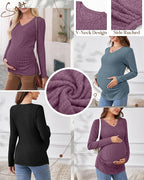 Ficerd 3 Pack Women's Maternity Shirts Ribbed Long Sleeve Pregnancy Tops V Neck - Image 4