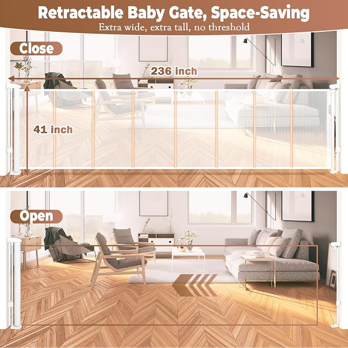 236" Retractable Baby Gate Extra Wide, Mesh Gate Long Child Gate Pet Gate - Image 2
