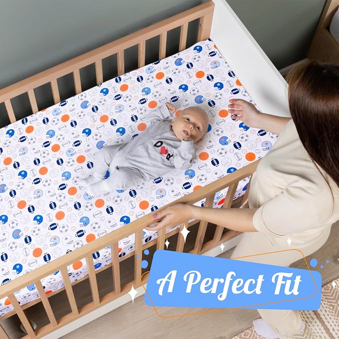 Crib Sheet - 1 Pack Sports Theme Nursery Bedding Sheet - Footballs Printed - Image 4