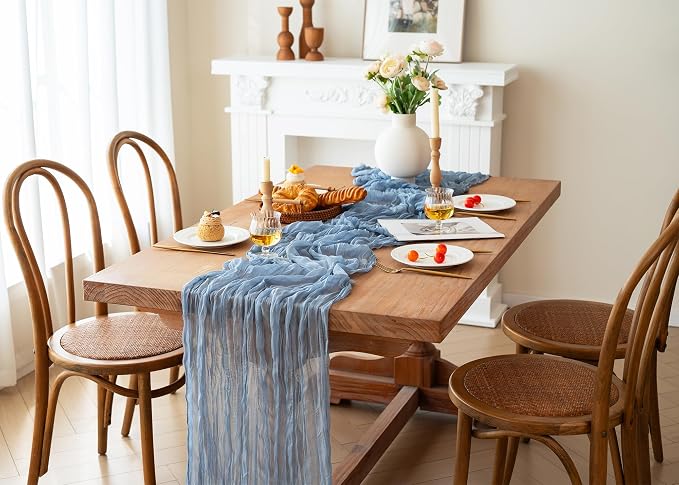 FEXIA 6 Pack Dusty Blue Table Runner 35x120 Inches Gauze Table Runner - Image 7