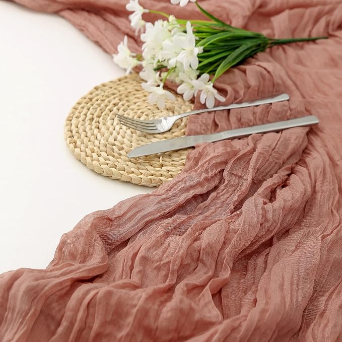 DOLOPL Boho Table Runner Dusty Blush Cheesecloth Table Runner 13.3ft Rustic - Image 3