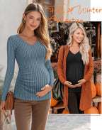 Ficerd 3 Pack Women's Maternity Shirts Ribbed Long Sleeve Pregnancy Tops V Neck - Image 5