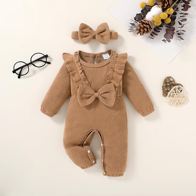 Happy Town Baby Girl Romper Infant Fall Winter Clothes Ruffle Sweater Long - Image 2