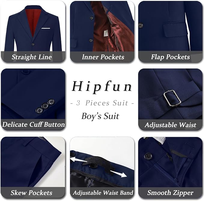 Boys' 3 Piece Suit Set with Suit Jacket, Formal Tuxedos Slim Fit Ring Bearer - Image 5