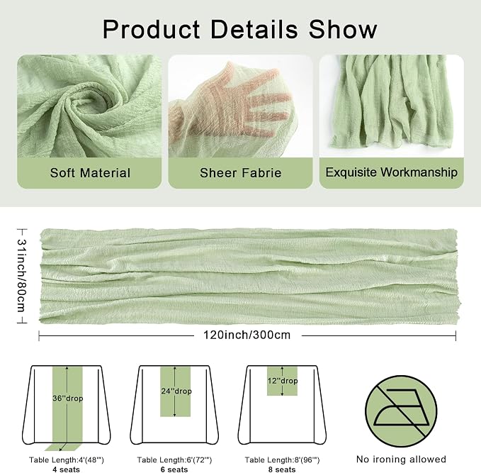 FEXIA Table Runner Sage Green Cheesecloth Table Runner 30x118 Inches - Image 2