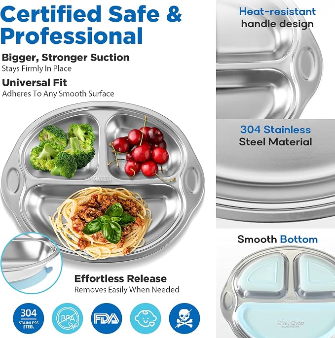Mrs. Chou® Stainless Steel Kids Plates Suction Plates Divided Baby Plates - Image 7