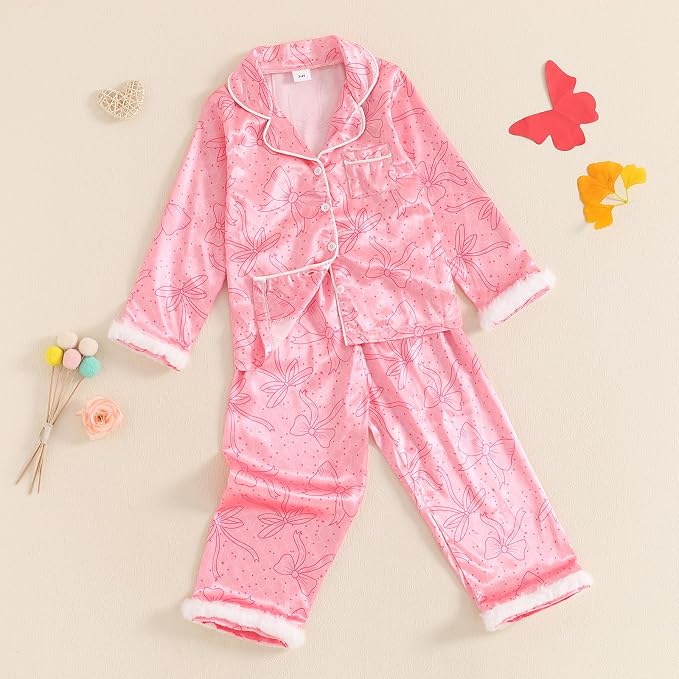 fyclemt Toddler Baby Girl Satin Pajama Set Feather Trim Long Sleeve Button - Image 4