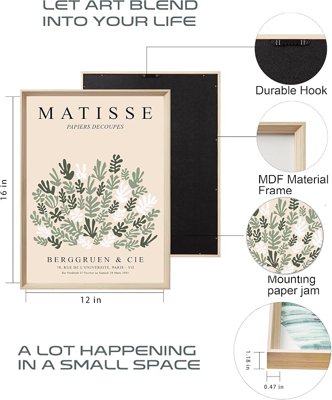 KensTro Framed Wall Art, Sage Matisse Wood Canvas Wall Art, 12x16in Henri - Image 3