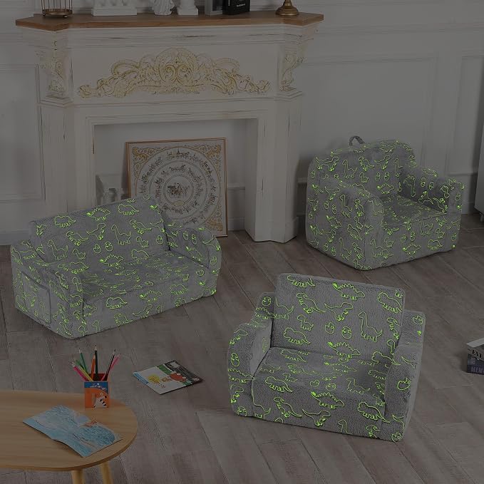 Dinosaur Glow in The Dark Toddler Couch, 2-in-1 Toddler Soft Couch Fold Out - Image 7