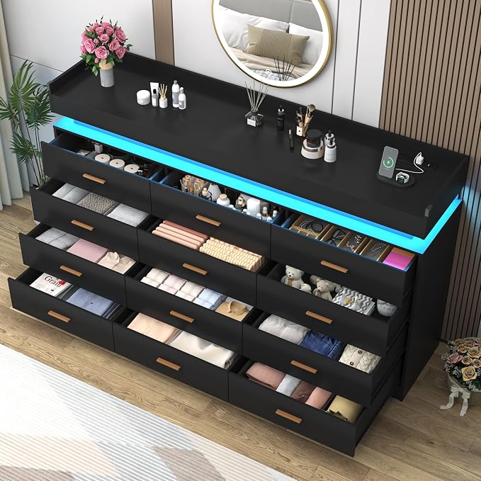 12 Drawer Dresser with LED Light and Charging Station, Wide Drawer Organizer - Image 4